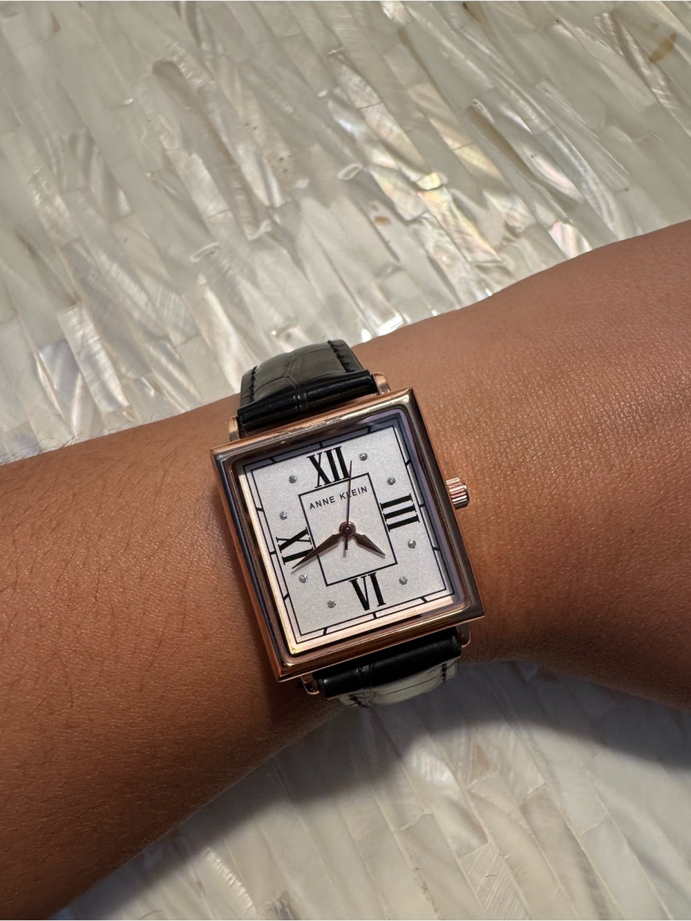Anne Klein Rose Gold Square Case Silver Dial Black Leather Strap Watch